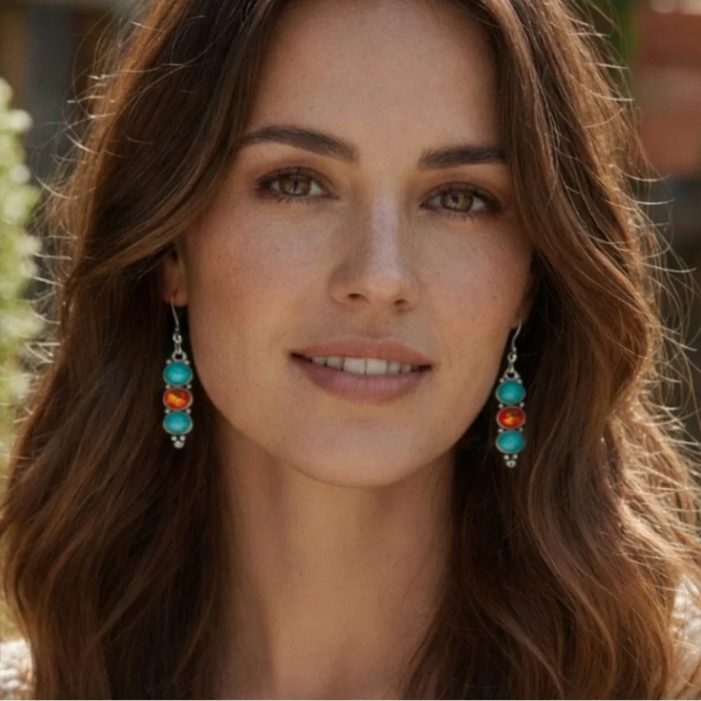 2/$30🌵 Silver Faux Turquoise Amber Stone Earrings Bohemian NEW Southwestern